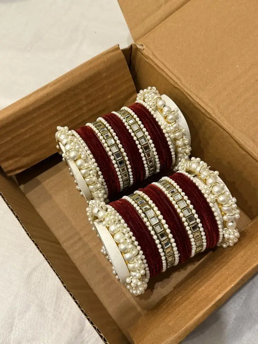 Velvet Red Kundan Pearl Bangle Set
