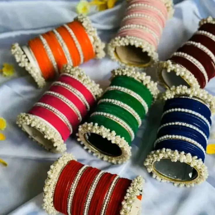 Colorful Pearl-Trim Velvet Bangles