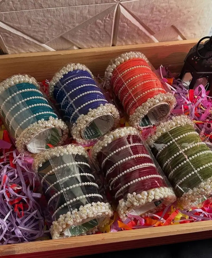 Colorful Pearl-Trim Velvet Bangles